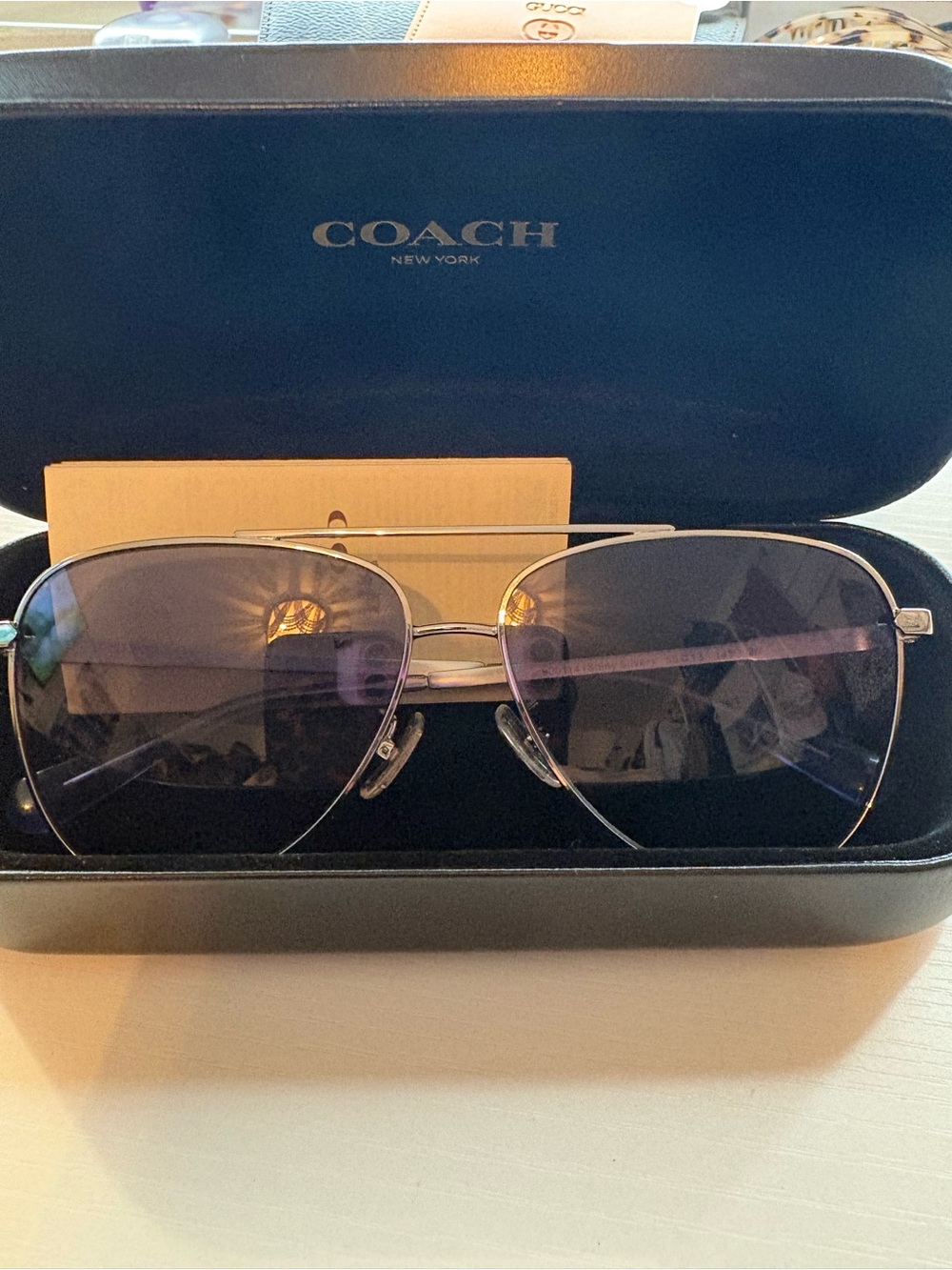 COACH Women's Silver Aviator Sunglasses with Gray Gradient Lenses
